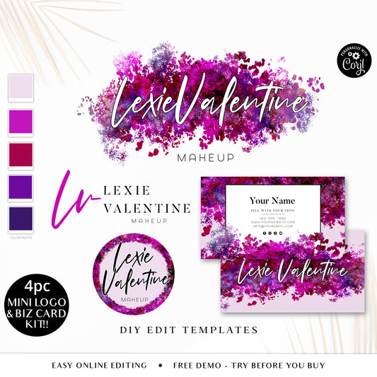 Editable Branding Bundle, 4pc DIY Edit Logo and Business Card Template, Messy Splatter Instant Download Branding Kit, Beauty Business LV-001