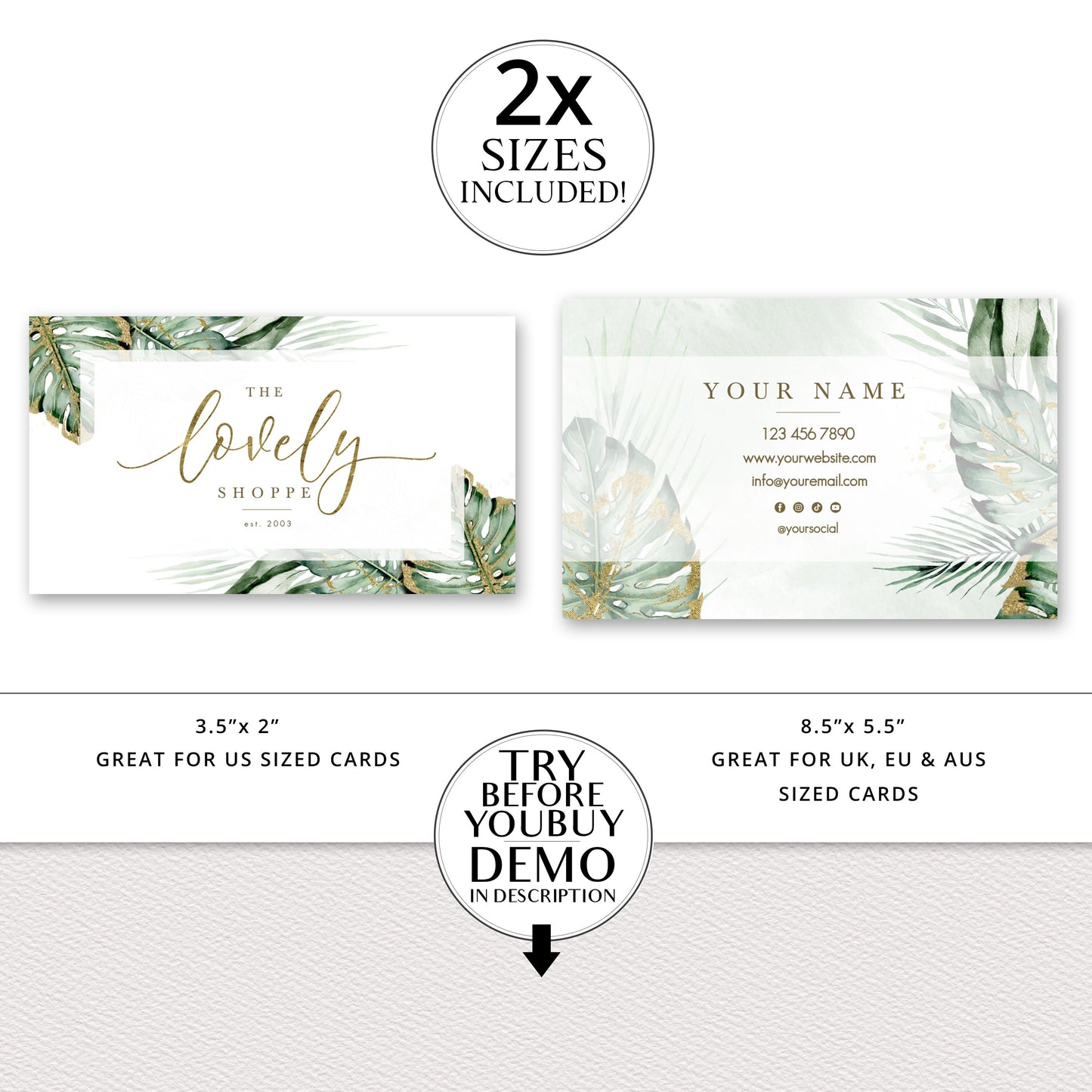 Premade Boho Watercolor Foliage & Gold Business Card Template Design Instant Download | Business Card | Editable Template LS-001