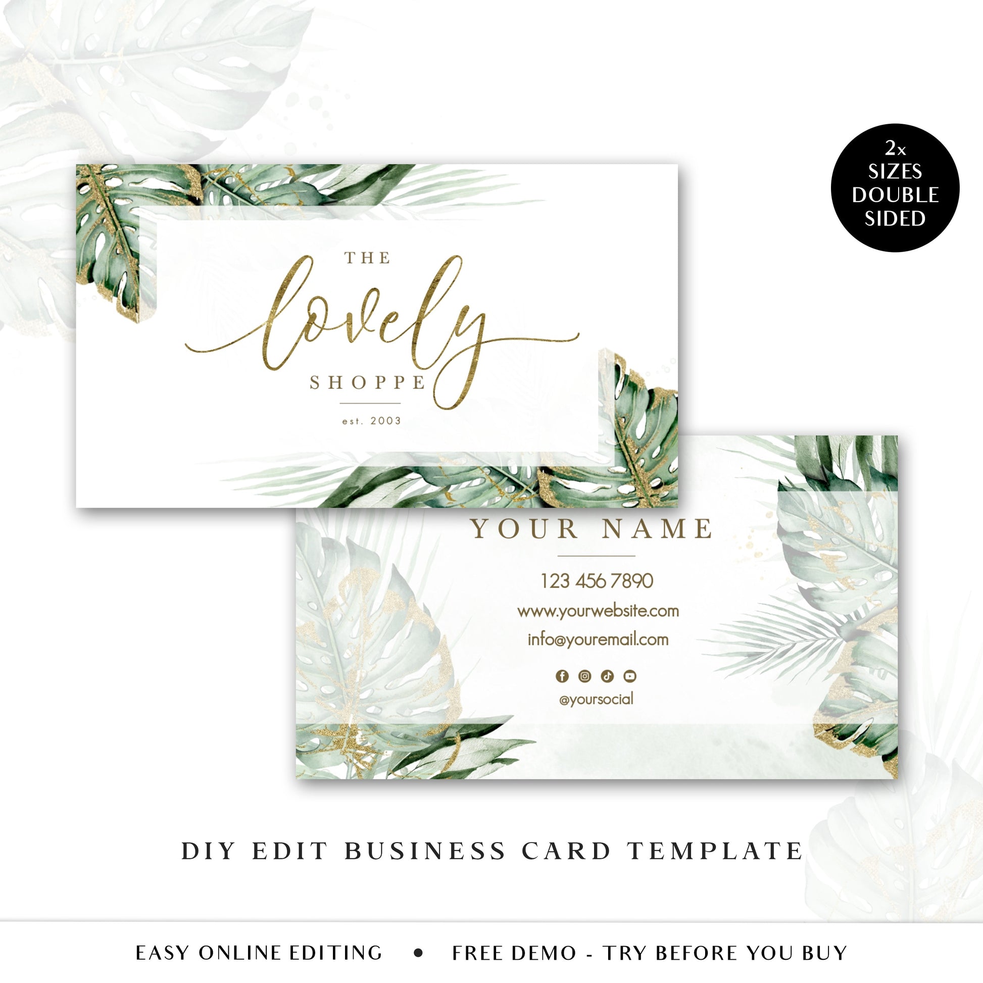 Premade Boho Watercolor Foliage & Gold Business Card Template Design Instant Download | Business Card | Editable Template LS-001