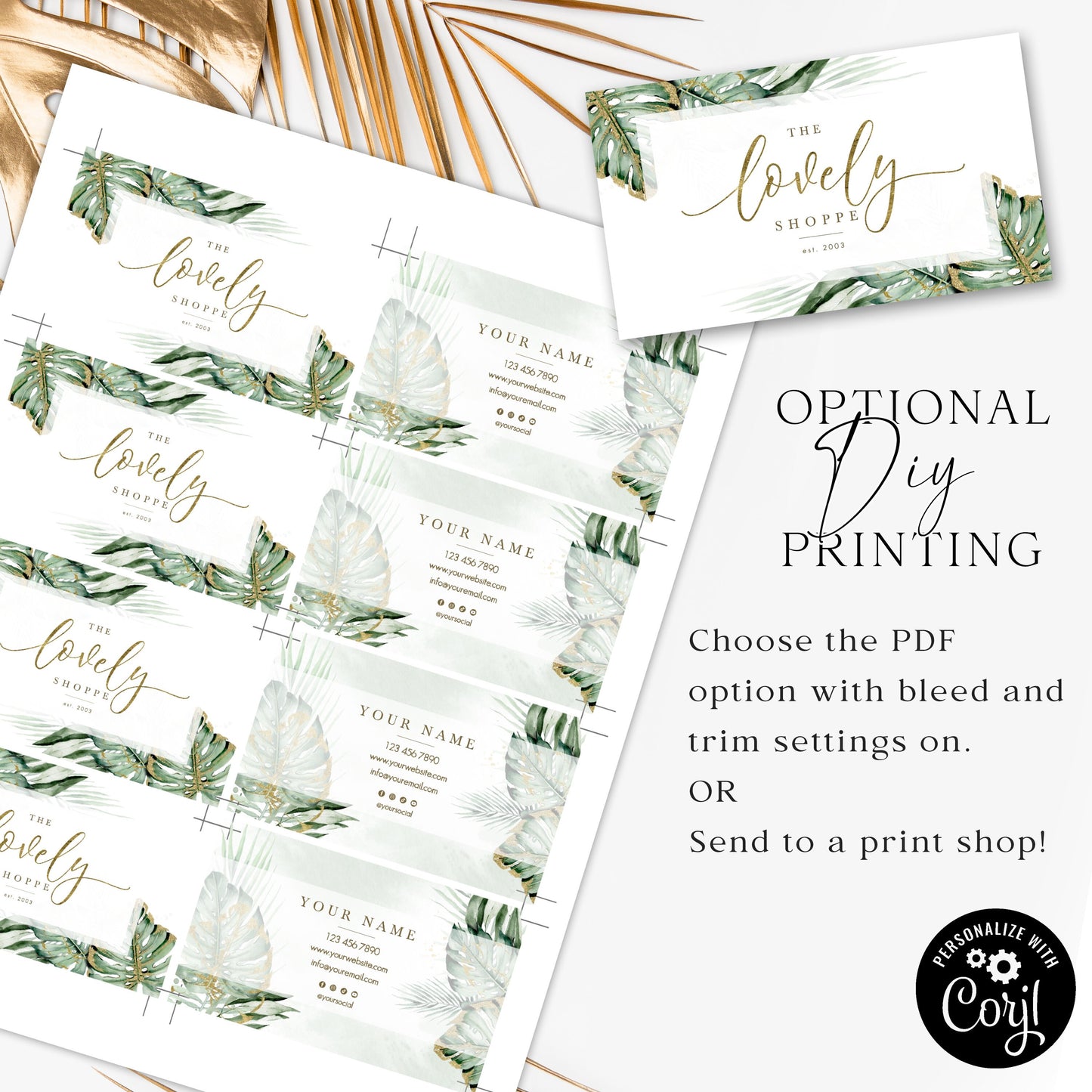 Premade Boho Watercolor Foliage & Gold Business Card Template Design Instant Download | Business Card | Editable Template LS-001