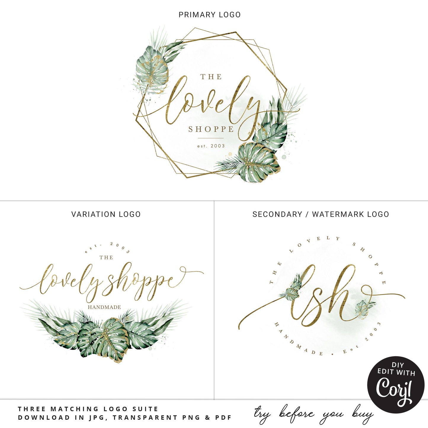 Editable Branding Bundle, 8pc DIY Edit Logo Business Card Template, Premade Social Boho Green & Gold Foliage Design, Brand Kit LS-001
