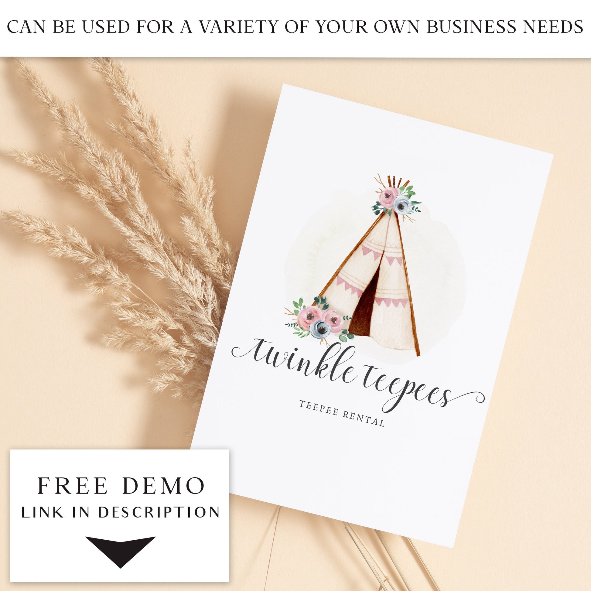 Editable Teepee Logo Template, DIY Edit Boho Logo Design, Premade Rustic Tribal Business Logo, Teepee Rental Company Logo