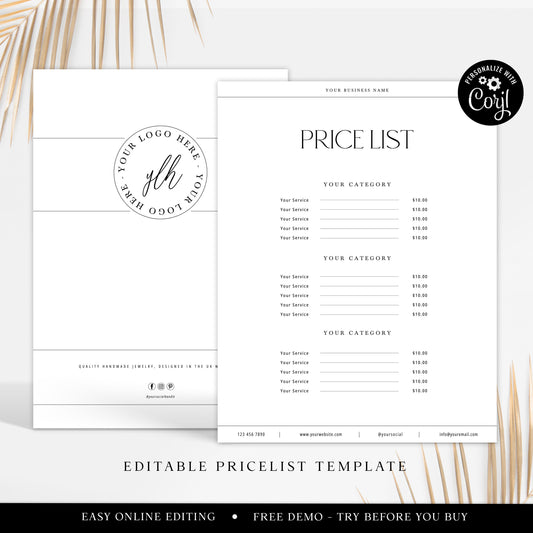 Price List Template Editable Printable Business Minimal Modern Price Sheet Price Guide INSTANT DOWNLOAD Pricing Menu - PR0565