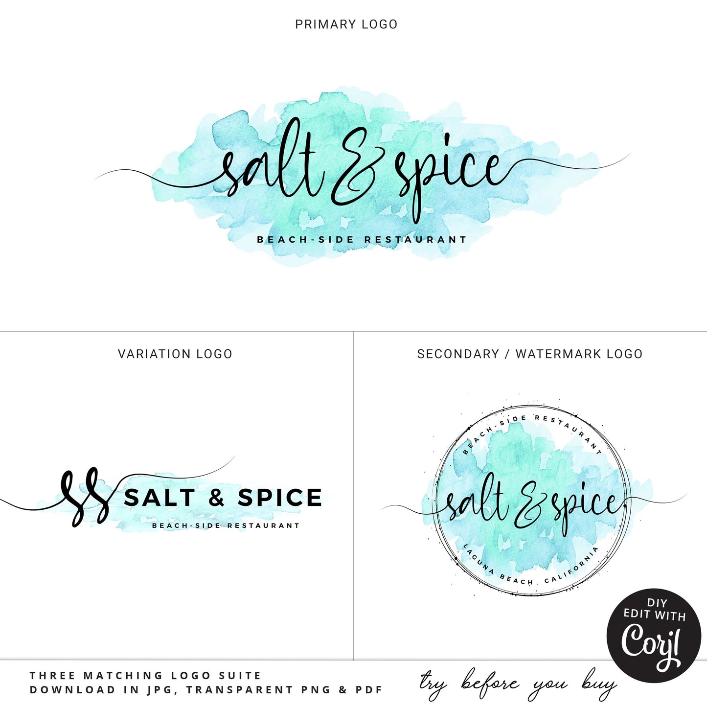 Editable Branding Bundle, DIY Edit 8pc Logo Kit, Business Card Template, Instagram Highlight, Watercolor Splash Premade Logo Design SS-003