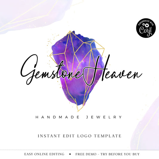 Editable Jewelry Logo Template, DIY Edit Gemstone Logo, Instant Ready-made Boutique logo, Premade Watercolor Gold Geometric Logo GH-001