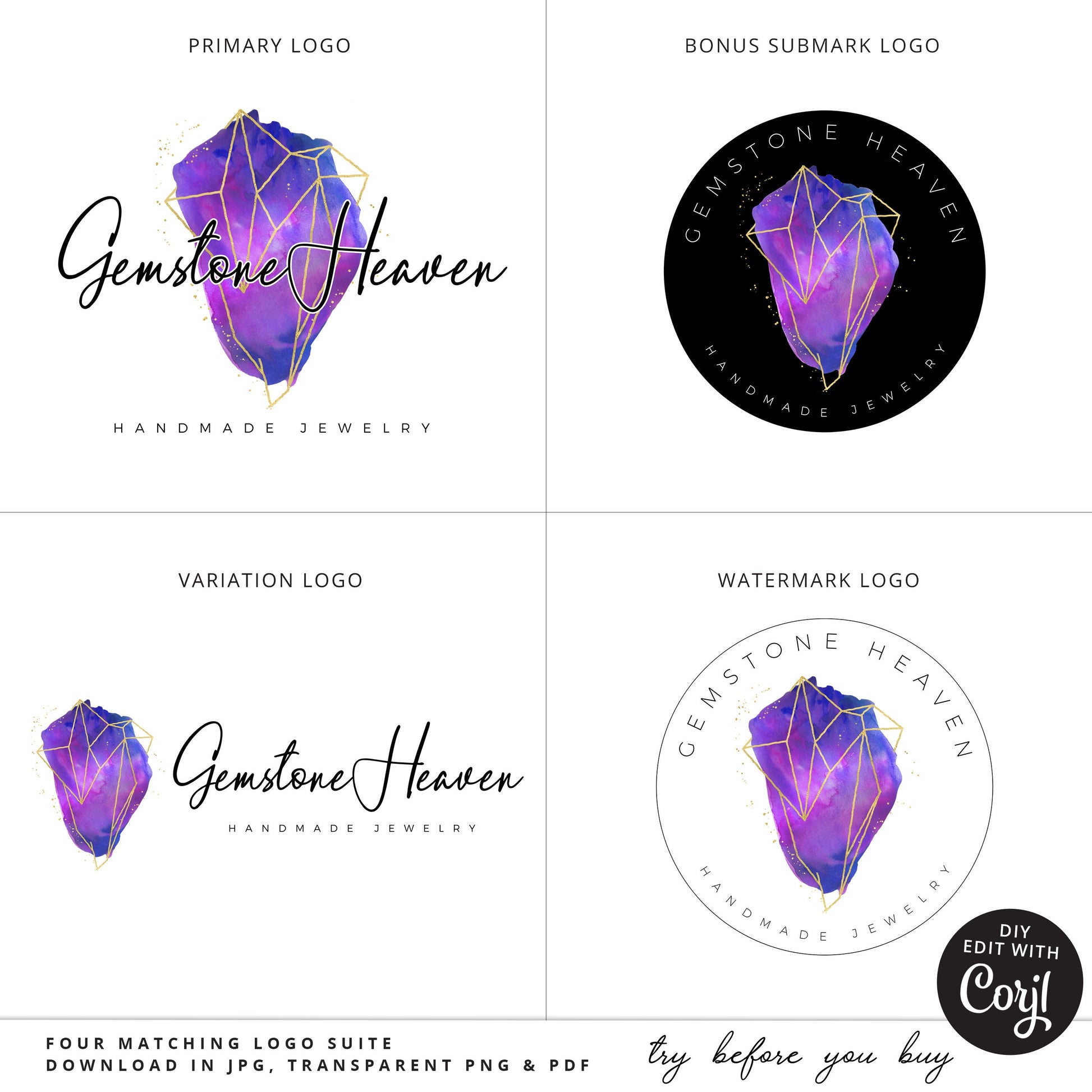 Editable Logo Bundle, Instant Edit & Download 3 x Watercolor Gemstone Geometric Logo, DIY Edit Logo Template, Premade Business Logo GH-001