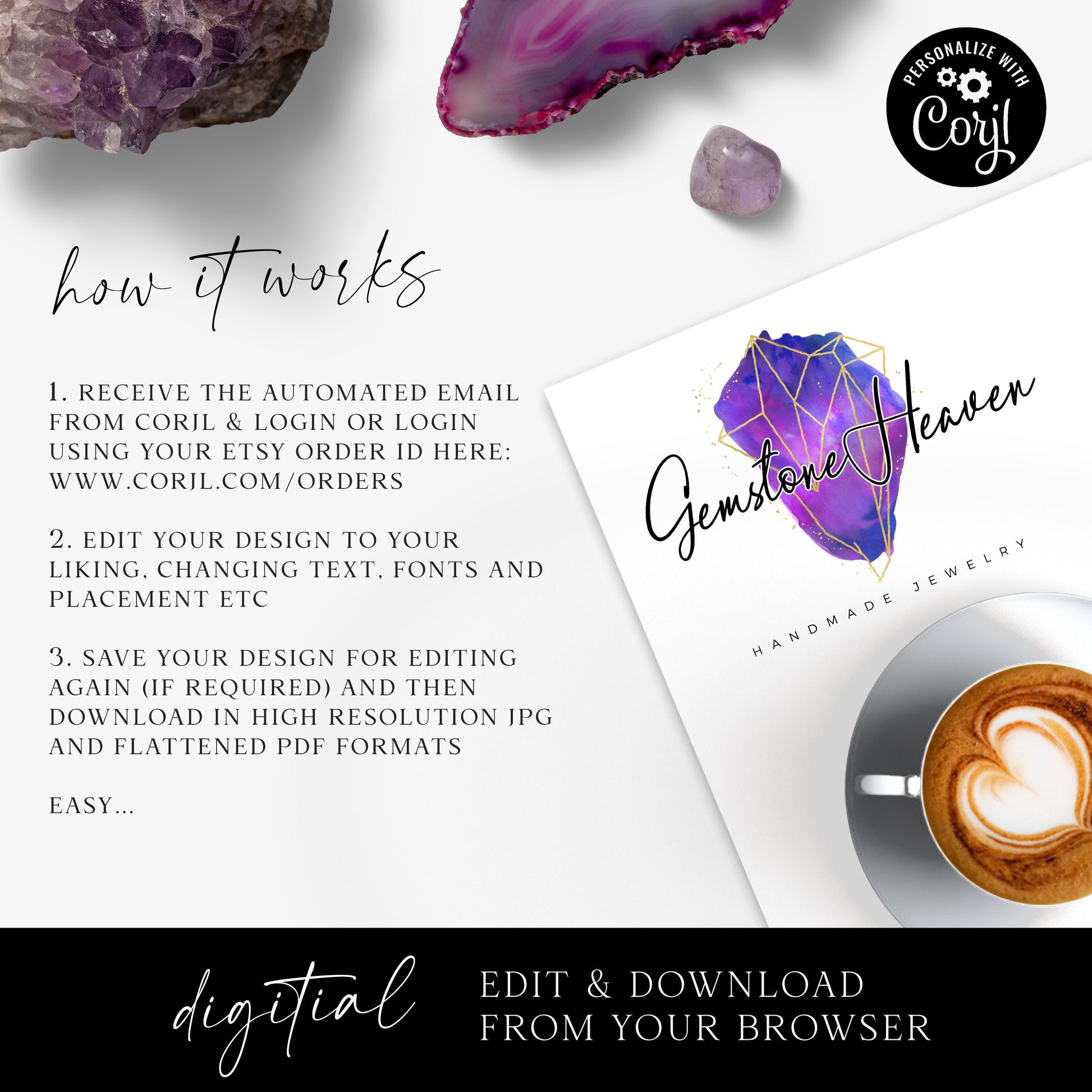 Editable Logo Bundle, Instant Edit & Download 3 x Watercolor Gemstone Geometric Logo, DIY Edit Logo Template, Premade Business Logo GH-001