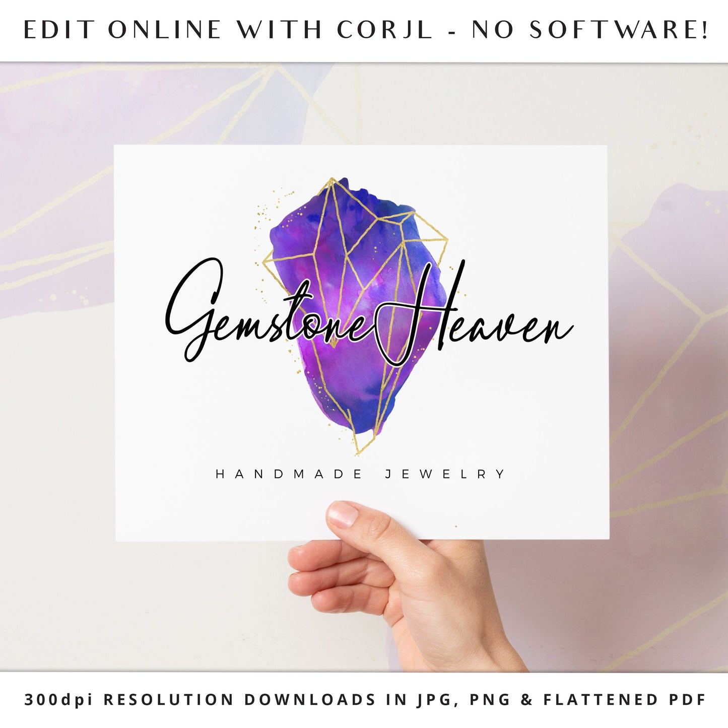 Editable Logo Bundle, Instant Edit & Download 3 x Watercolor Gemstone Geometric Logo, DIY Edit Logo Template, Premade Business Logo GH-001