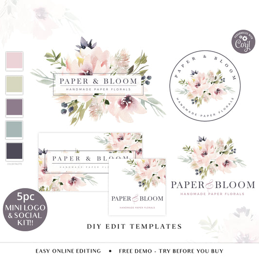 5pc Mini Kit Logos Suite & Social Bundle Boho Elegant Florals Branding  |  Premade Logo | Instant Edit Yourself | DIY Edit Logo PB-001