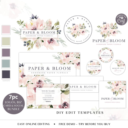 Essential Branding Template Bundle, 7pc Boho Florals Business Kit, Premade Watercolor Logo, Business Card, Instagram Highlight Set  PB-001