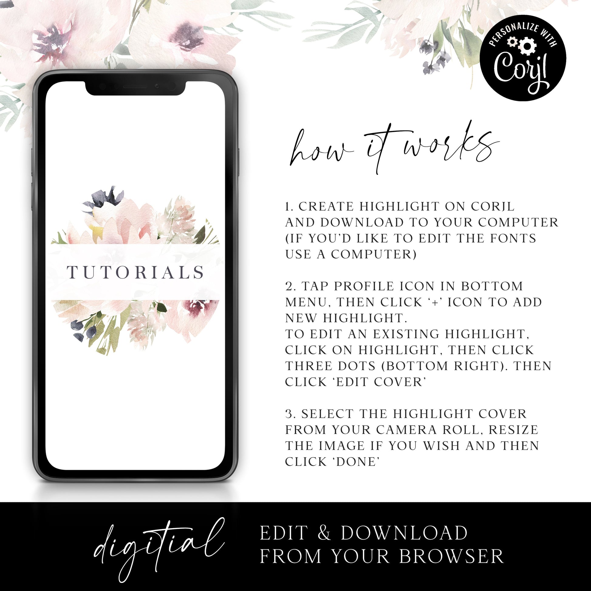 DIY Edit Instagram Highlights, Instagram Editable Story Cover, Template Instagram Highlights, Design Boho Florals Instagram - LS-001