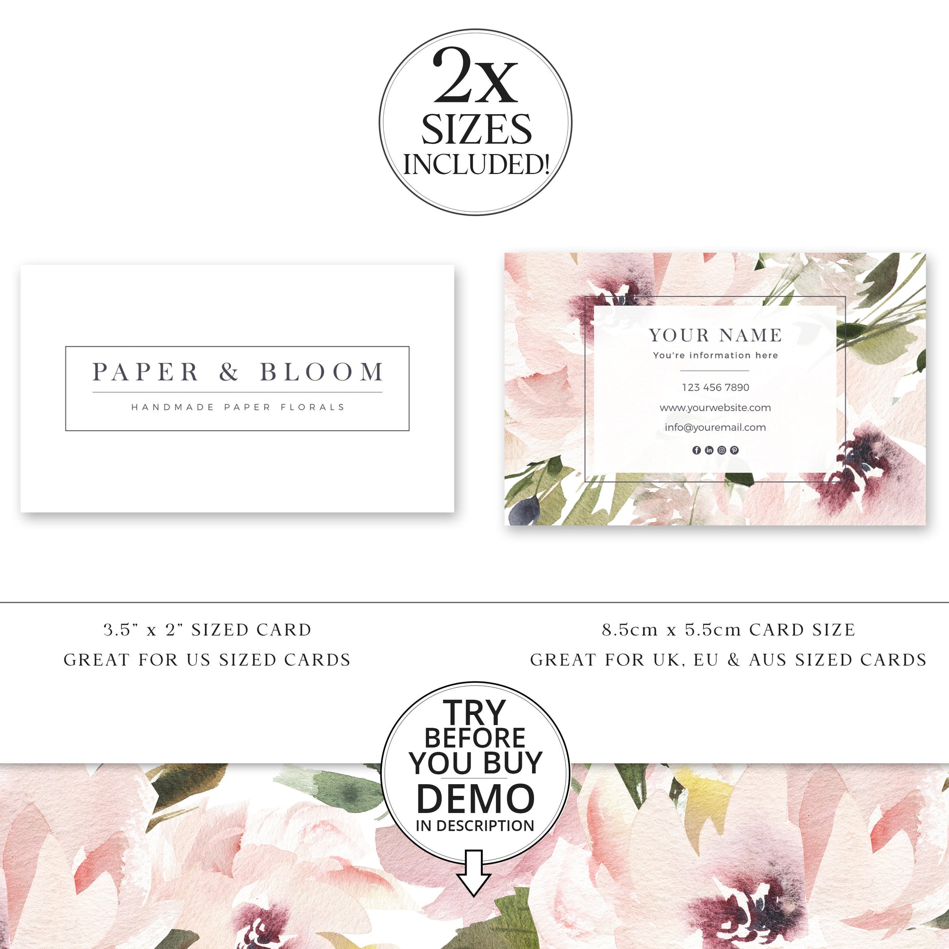 Editable Boho Business Card, DIY Edit Company Card Template, Premade Beauty Business Card, Floral Photography Card Customizable - PB-001