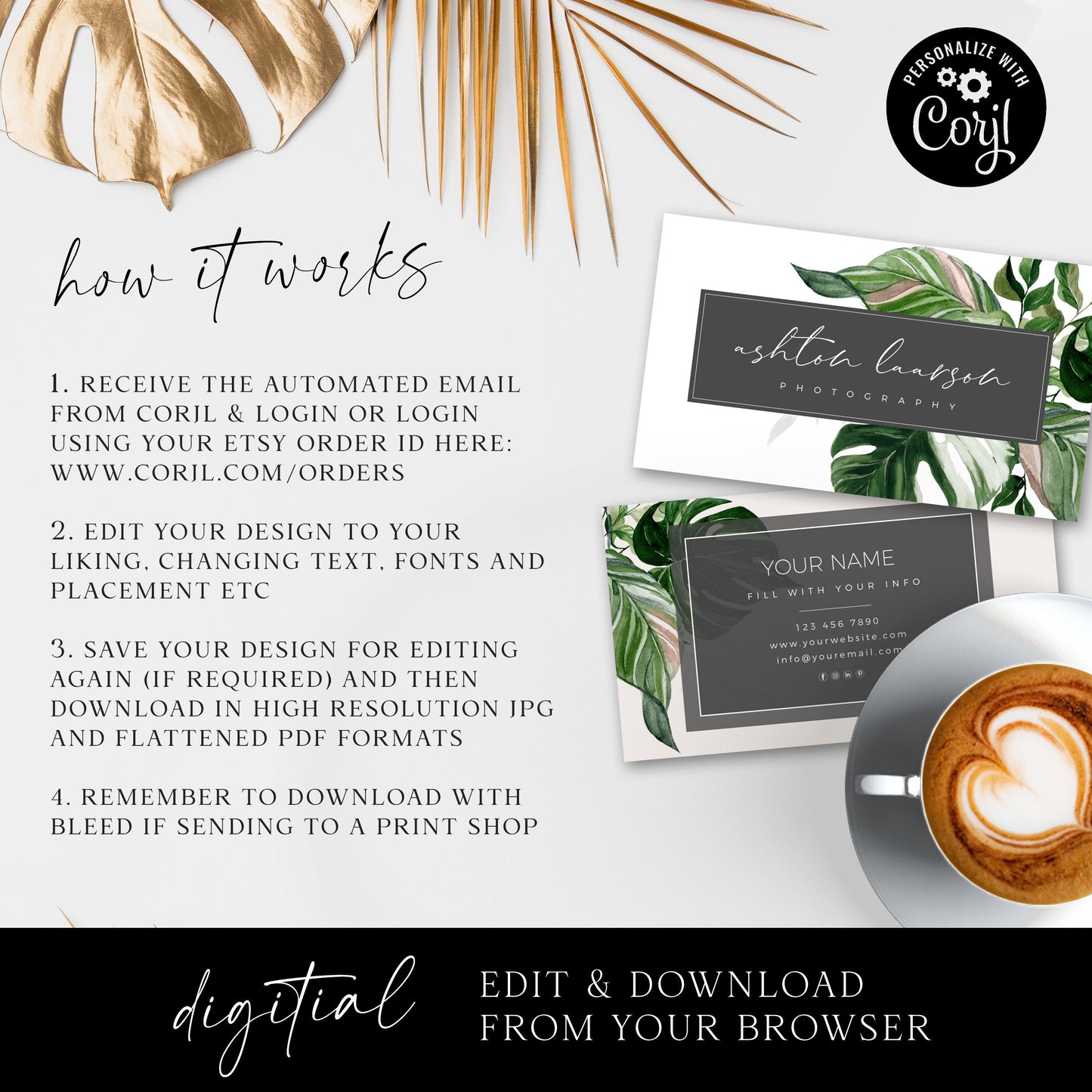 Customizable Business Card Template, DIY Edit Business Card, Printable Business Card Design, Modern Foliage Editable Company Cards AL-001