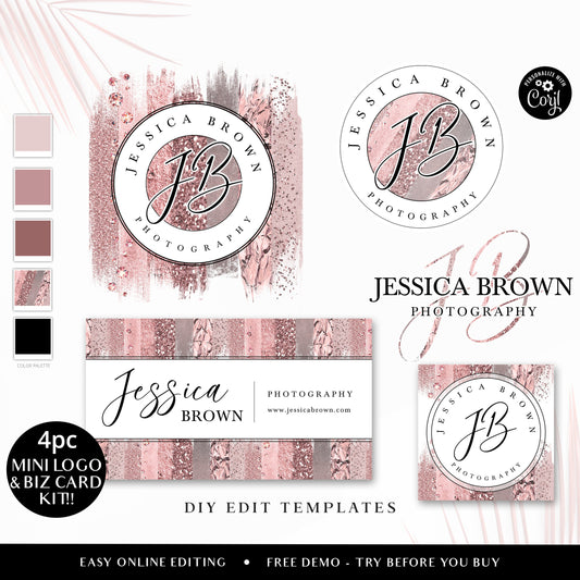 Editable Glitter Business Bundle, 5pc DIY Edit Logo Template & Business Card Template Kit, Premade Sparkle Beauty Business Logo Kit JB-002