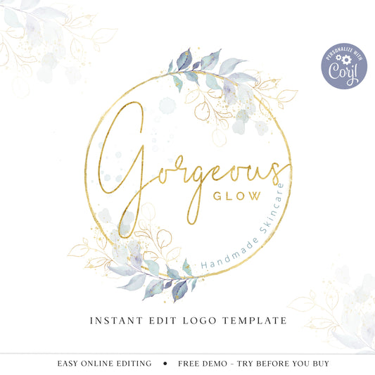 DIY Edit Boho Logo Template, Premade Watercolor & Gold Foil Logo, Editable Business Logo Template, Pretty Foliage Leaves Logo GG-001