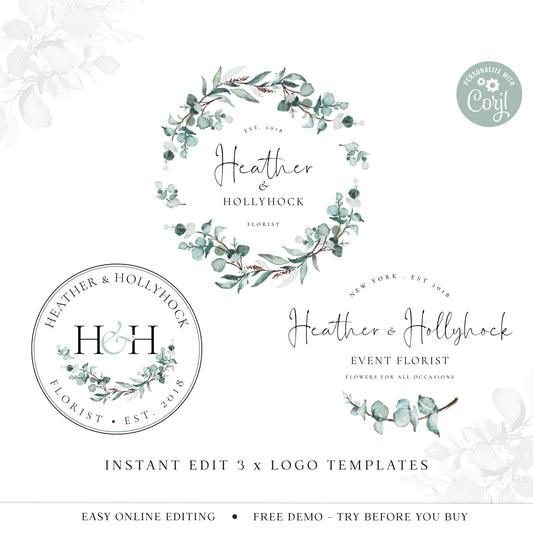 Editable Logo Template Bundle, DIY Edit Boho Inspired Premade Logo, Instant Premade Business Logo, Watercolor Wreath Logo Design HH-001