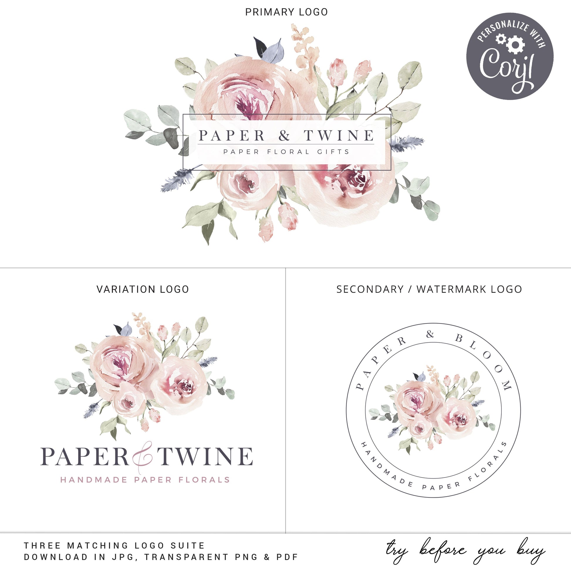 Editable Logo Template Bundle, DIY Edit Boho Inspired Premade Logo, Instant Premade Business Logo, Watercolor Wreath Logo Design PT-001