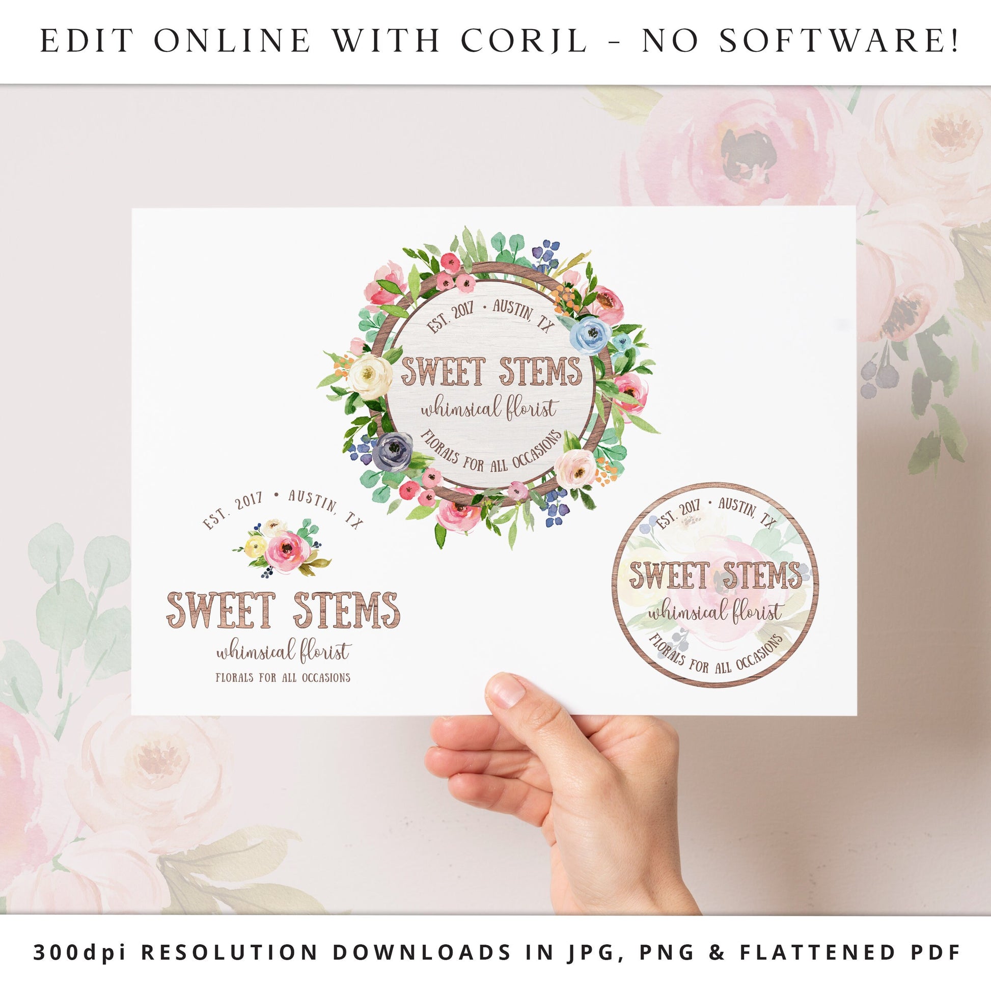 Editable Cute Logo Bundle, DIY Edit 3 x Logo Template Kit, Watercolor Floral & Foliage Premade Logos, Ready Made Company Logo SS-005