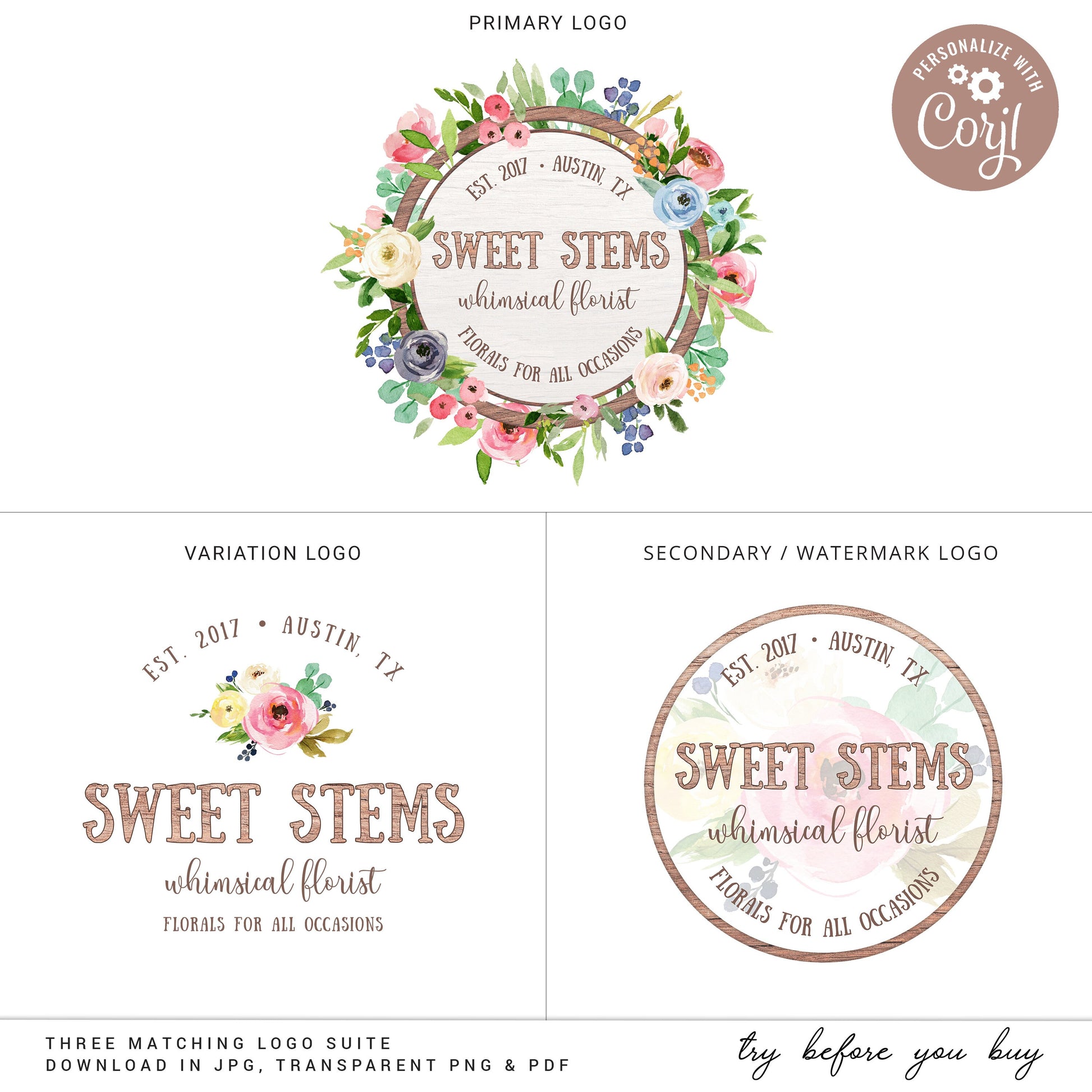 Editable Cute Logo Bundle, DIY Edit 3 x Logo Template Kit, Watercolor Floral & Foliage Premade Logos, Ready Made Company Logo SS-005