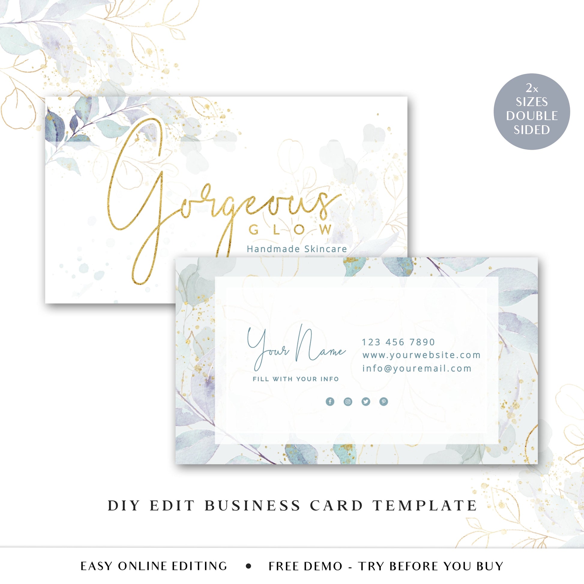 Editable Boho Business Card, DIY Edit Company Card Template, Premade Beauty Business Card, Watercolor Leaves Card Customizable - GG-001