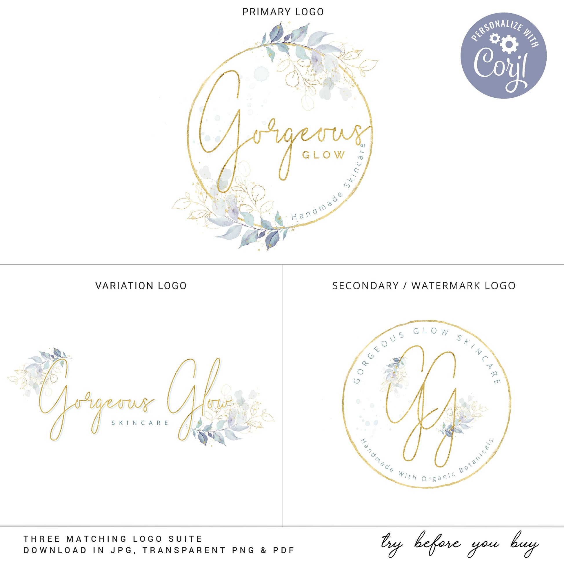 DIY Edit Elegant Logo Bundle, 3 x Editable Logo Template, Premade Watercolor Foliage & Gold Foil Logo Branding Package, Company Logo GG-001