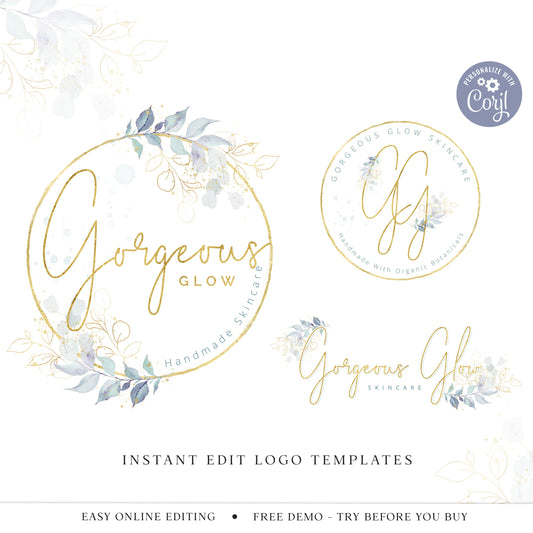 DIY Edit Elegant Logo Bundle, 3 x Editable Logo Template, Premade Watercolor Foliage & Gold Foil Logo Branding Package, Company Logo GG-001