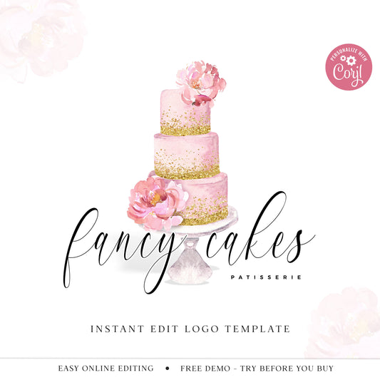 Editable Bakery Logo Template, DIY Edit Watercolor Cake Logo, Wedding Cake Business Logo, Edit Yourself Boutique Premade Logo, Cake Business