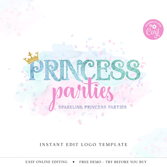Editable Glitter Logo Template, DIY Edit Princess Logo, Premade Pastel Kids Party Business Logo, Event Planner Company Logo PR0112