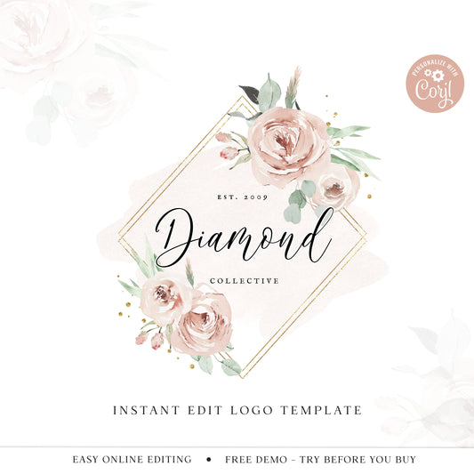 Editable Geometric Floral Logo Template, DIY edit Watercolor Neutral Logo, Premade Feminine Logo Design, Customizable Company Logo - PR0276