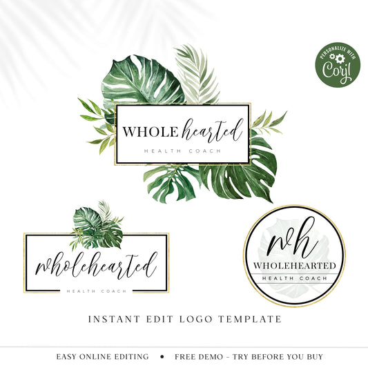Editable Tropical Logo Bundle, 3 x Premade Modern Business Logos, DIY Edit Modern Branding Kit, Watercolor Foliage & Gold Foil Logo WH-001