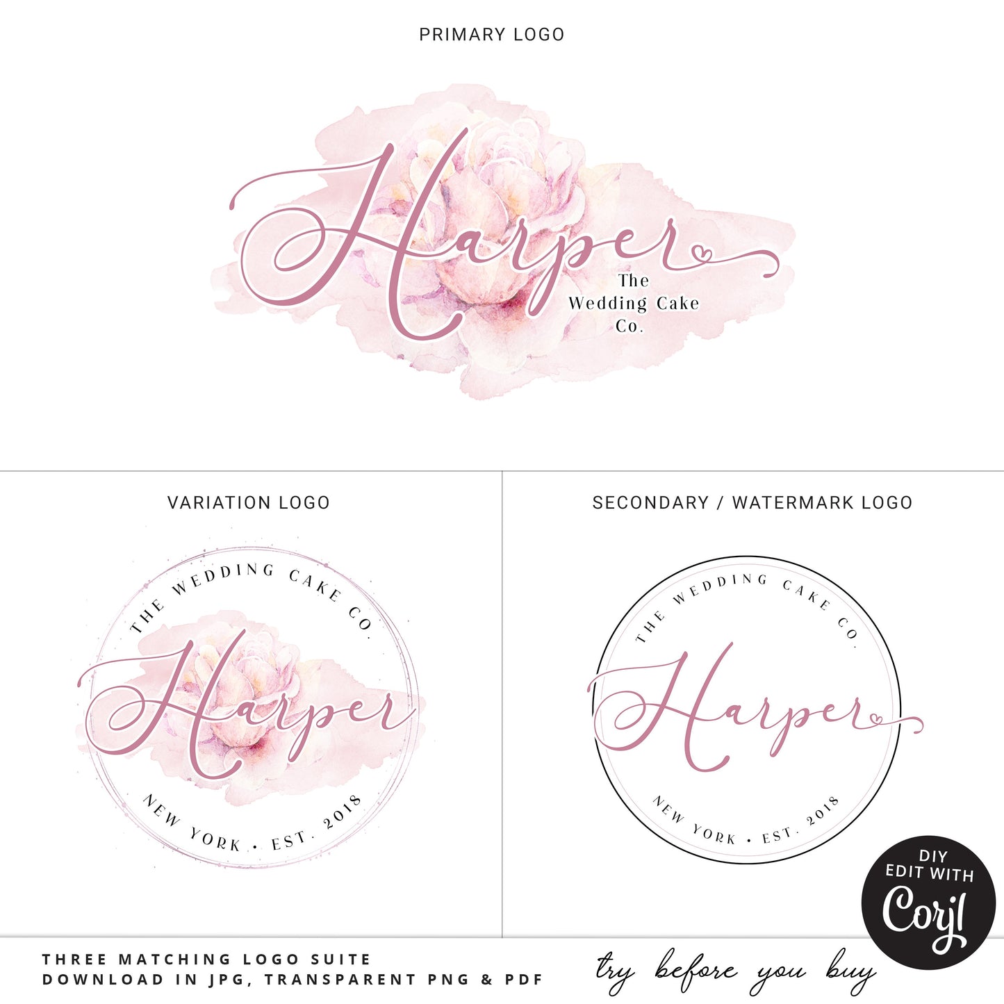 DIY Edit Logo Bundle, Editable Logo Template Kit, Instant Soft Pink Watercolor Business Logo, Premade Beauty Logo, Company Logo Set HW-001