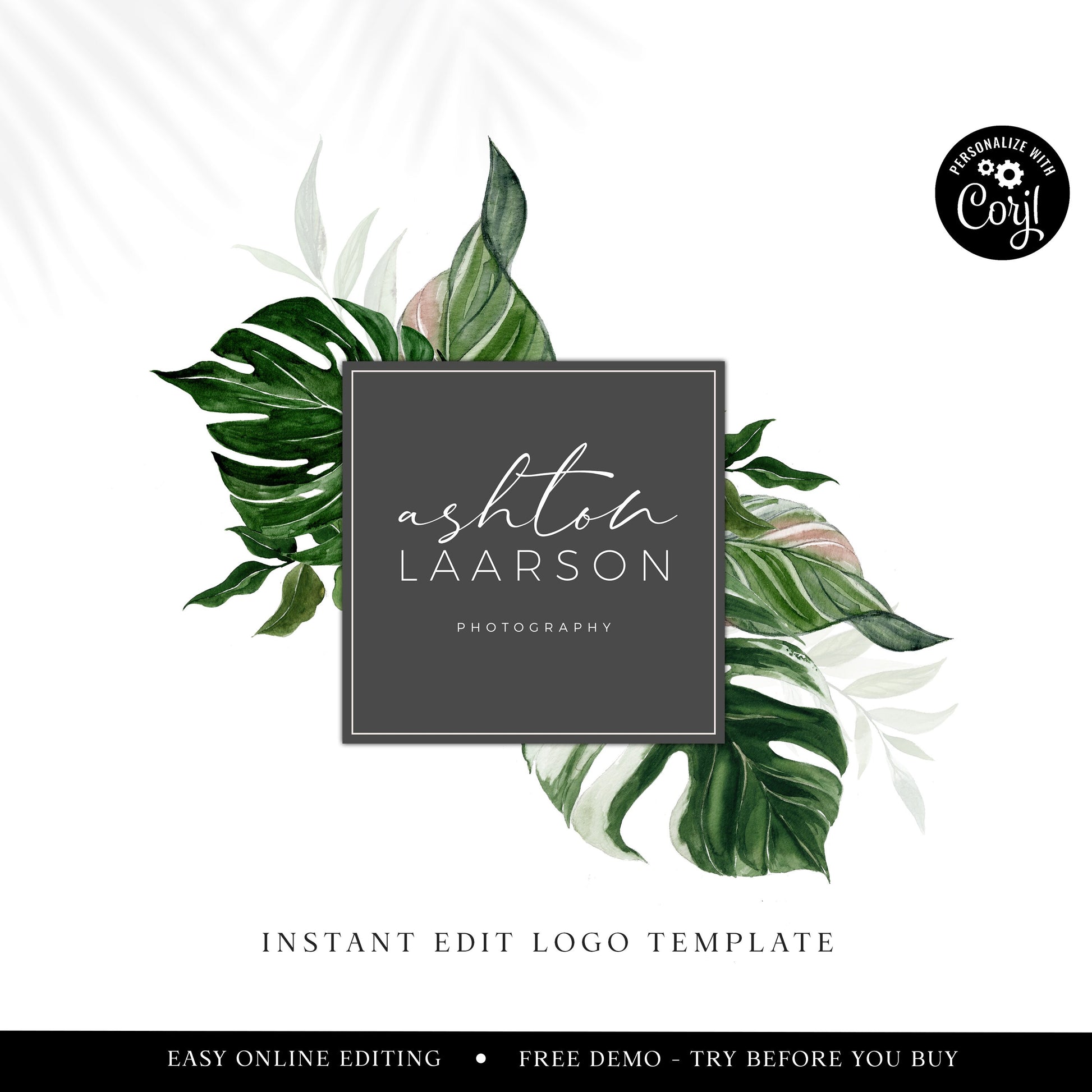 DIY Editable Boho Logo Template, DIY Edit Tropical Watercolor Logo, Premade Logo Design, Square Foliage Photography Business Logo  AL-001