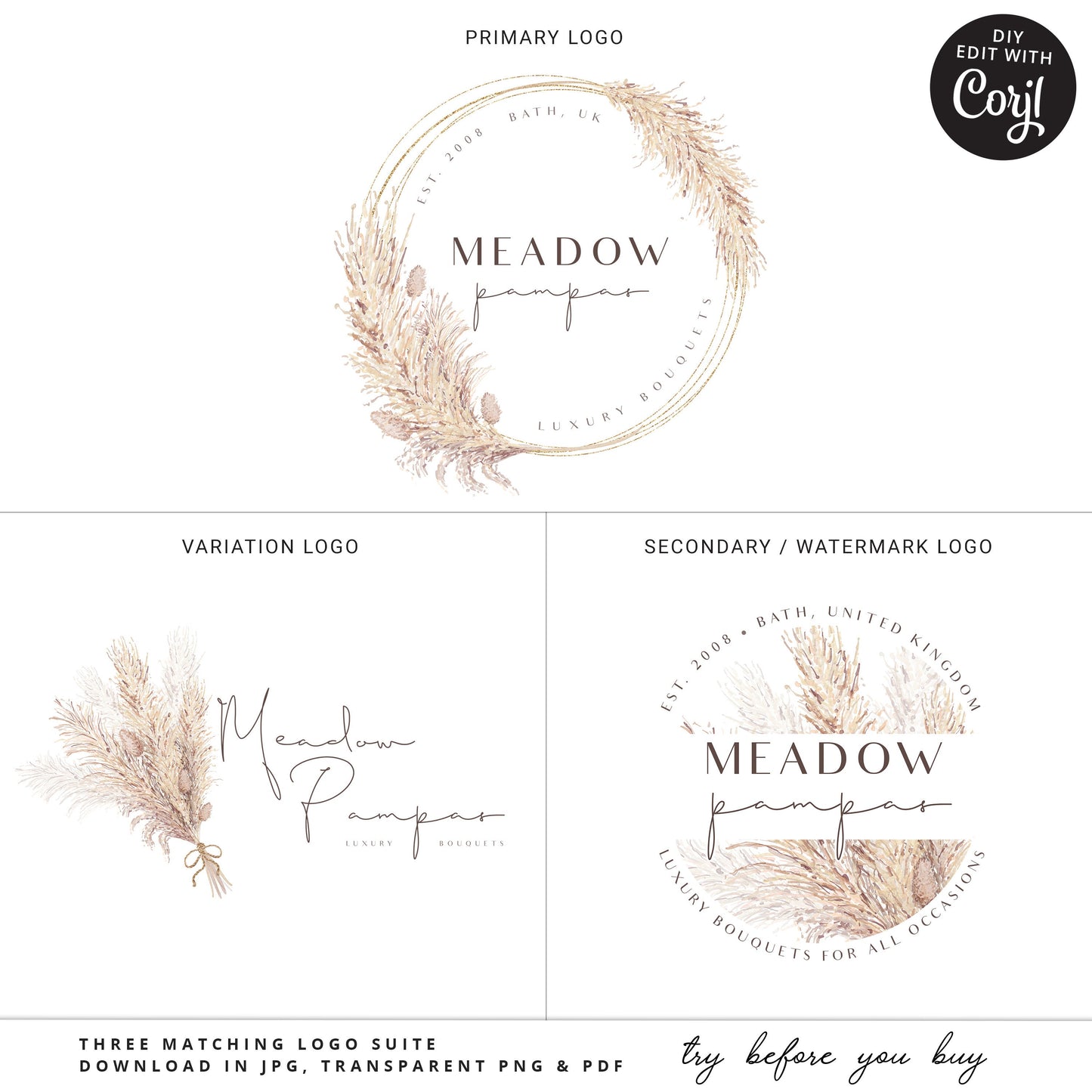 Editable Pampas Logo Bundle, 3 x DIY Edit Modern Branding Set, Instant Edit Premade Logo Set, Rustic Pampas Grass Business Logo Kit MP-001