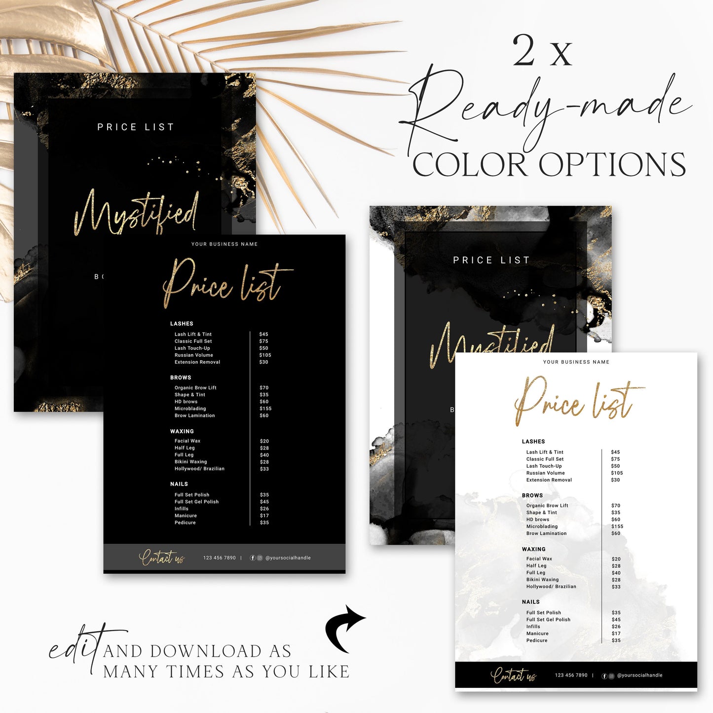 Business Price List Template, 5"x7" Editable Pricing Guide, Customizable Printable Price Guide, DIY Edit Beauty Salon Price Sheet MY-001