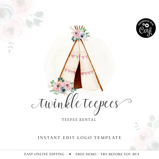 Editable Teepee Logo Template, DIY Edit Boho Logo Design, Premade Rustic Tribal Business Logo, Teepee Rental Company Logo