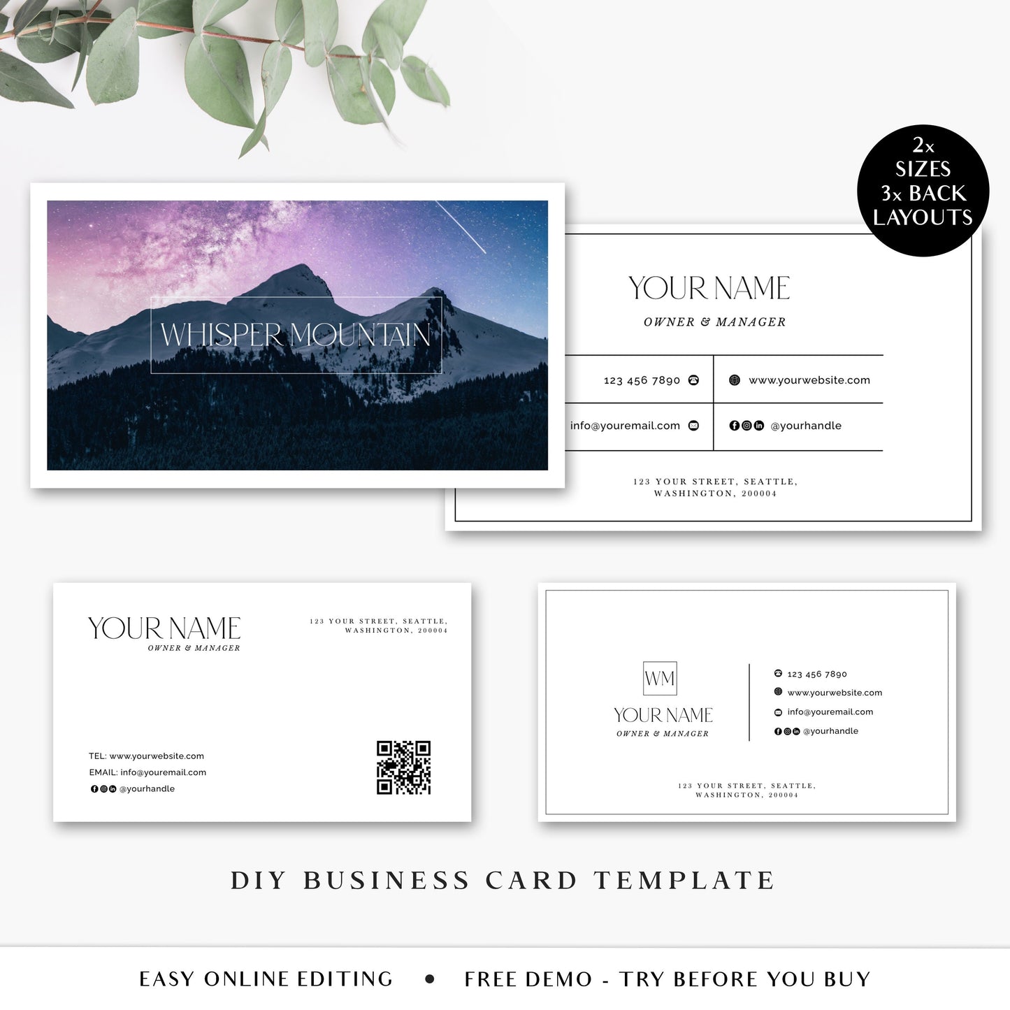 Editable Mountains Business Card Template, DIY Edit Minimalist Premade Business Card, Photography Business Card, Customizable Company Card