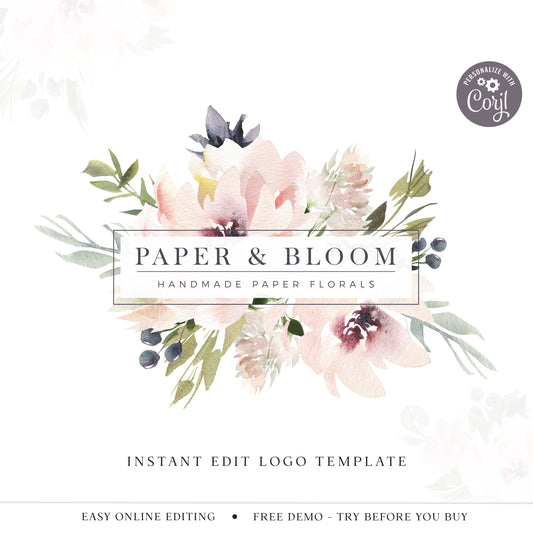 Editable Watercolor Boho Floral Feminine Logo Design Instant Download | DIY Editable Logo Template |  Premade Business Logo PB-001