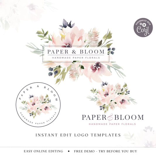 Editable Boho Logo Bundle, DIY Edit Logo Template Kit, Premade Watercolor Florals Logo Set, Company Logo Design, Business Branding PB-001