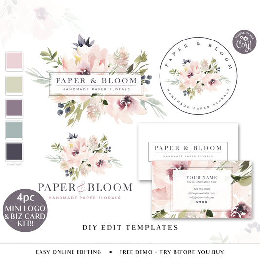 Editable Boho Branding Bundle, 4pc DIY Edit Elegant Logo & Business Card Template Kit, Premade Watercolor Florals Company Rebranding PB-001
