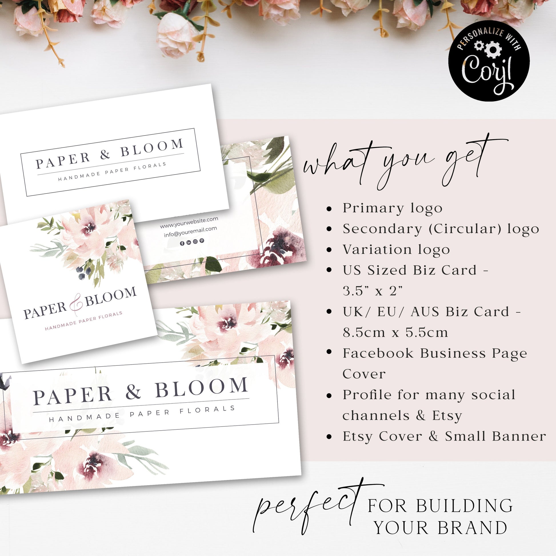 Editable 8pc Boho Branding Bundle, DIY Edit Watercolor Florals Brand Template Kit, Instant Logo Design, Premade Business Logo PB-001