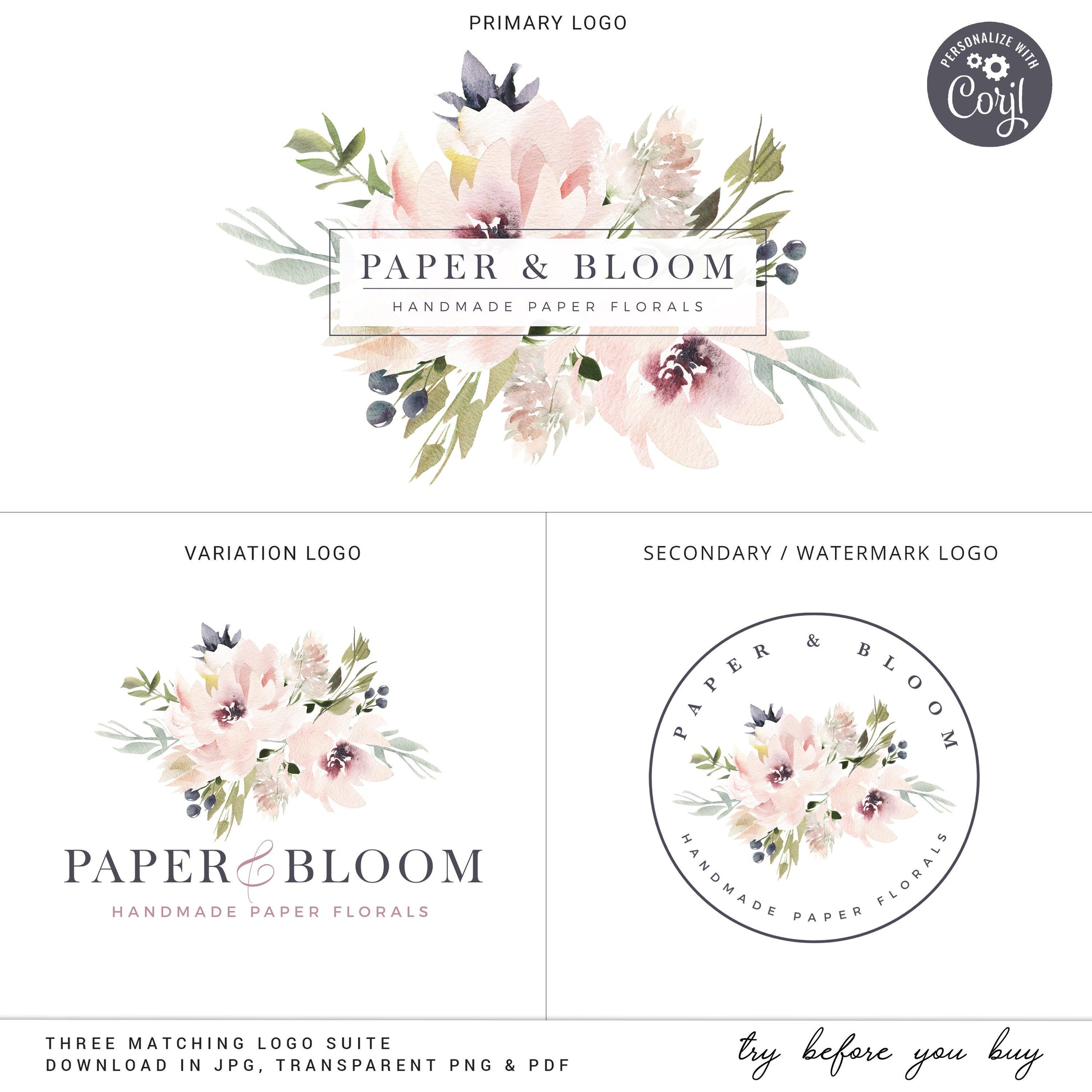 Editable 8pc Boho Branding Bundle, DIY Edit Watercolor Florals Brand Template Kit, Instant Logo Design, Premade Business Logo PB-001