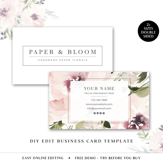 Editable Boho Business Card, DIY Edit Company Card Template, Premade Beauty Business Card, Floral Photography Card Customizable - PB-001