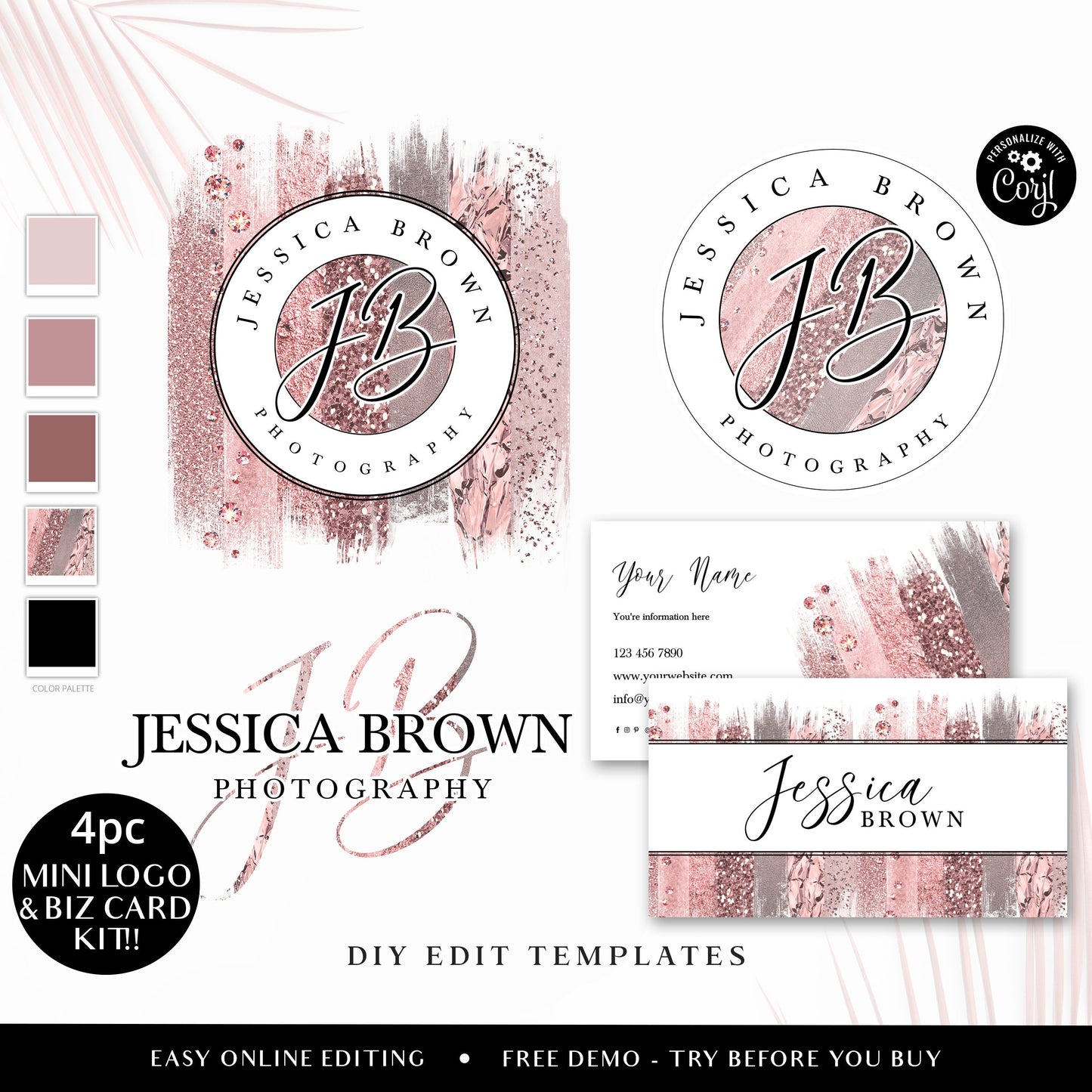 Editable Glitter Mini Branding Bundle, DIY Edit  Logo Kit, Premade Business Card, Beauty Business Branding Set, Instant Access JB-002