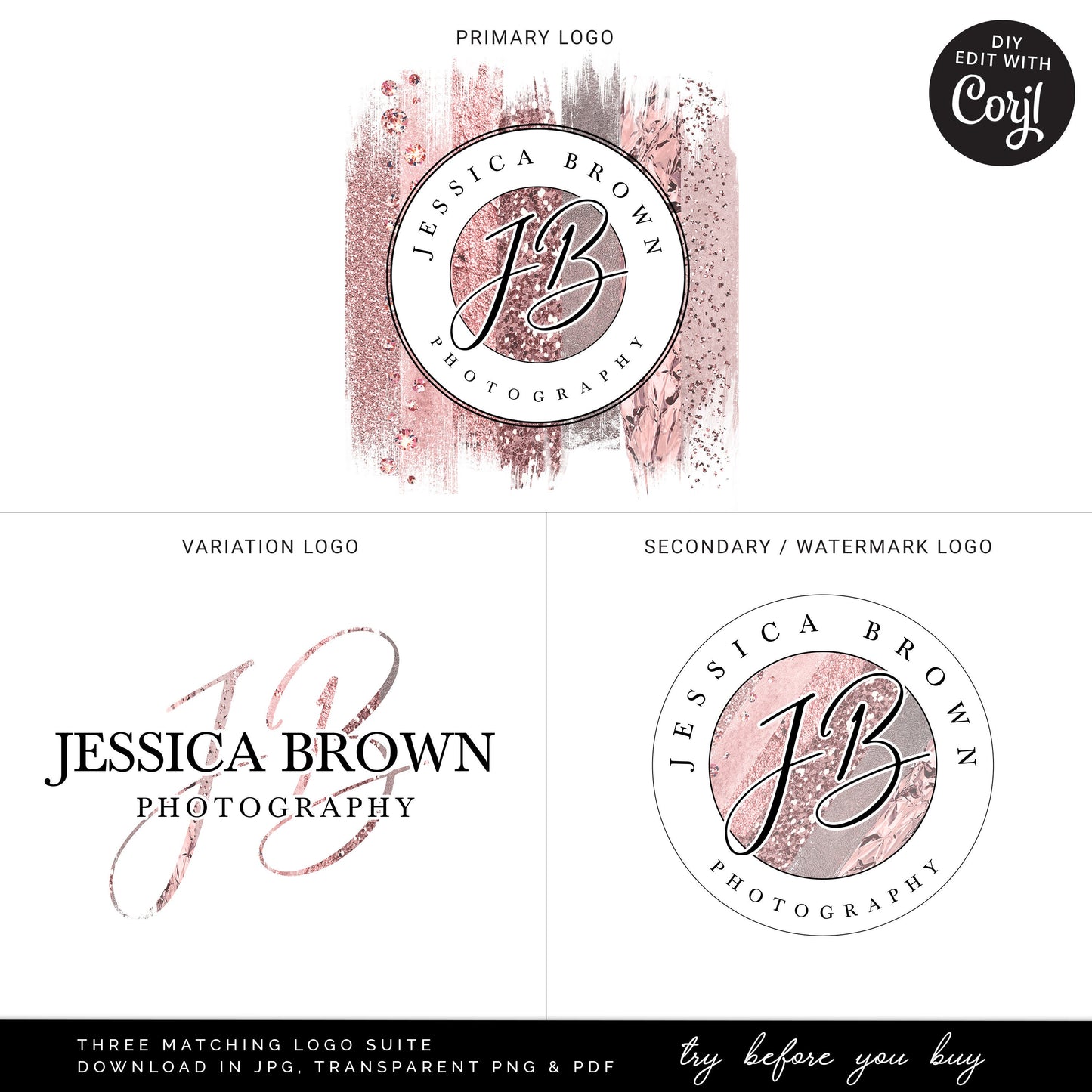 Editable Glitter Mini Branding Bundle, DIY Edit  Logo Kit, Premade Business Card, Beauty Business Branding Set, Instant Access JB-002