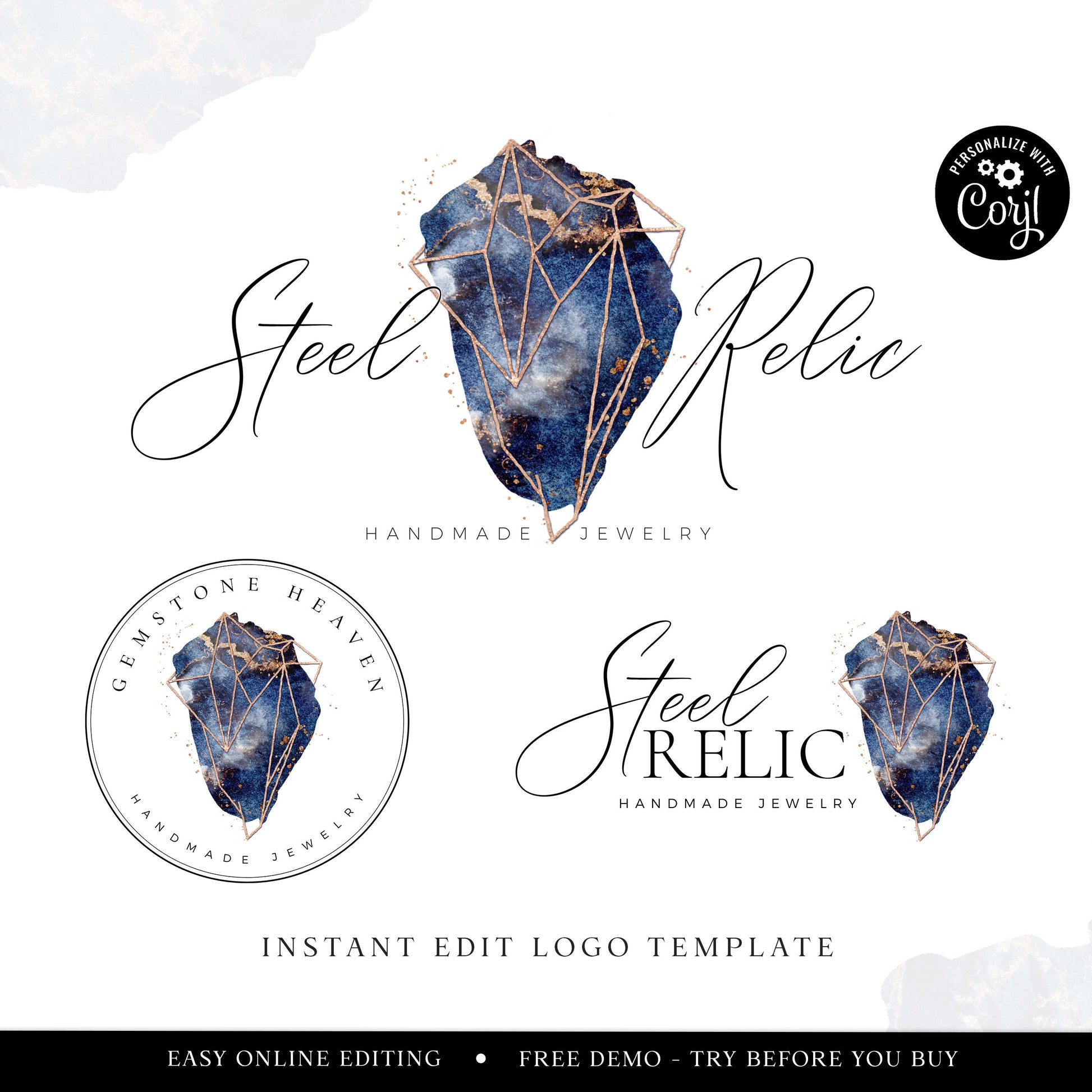 Editable Gemstone Logo Template Bundle, DIY Edit Crystal Logo, Instant Premade Business Logo, Watercolor Geometric Logo Design SR-001