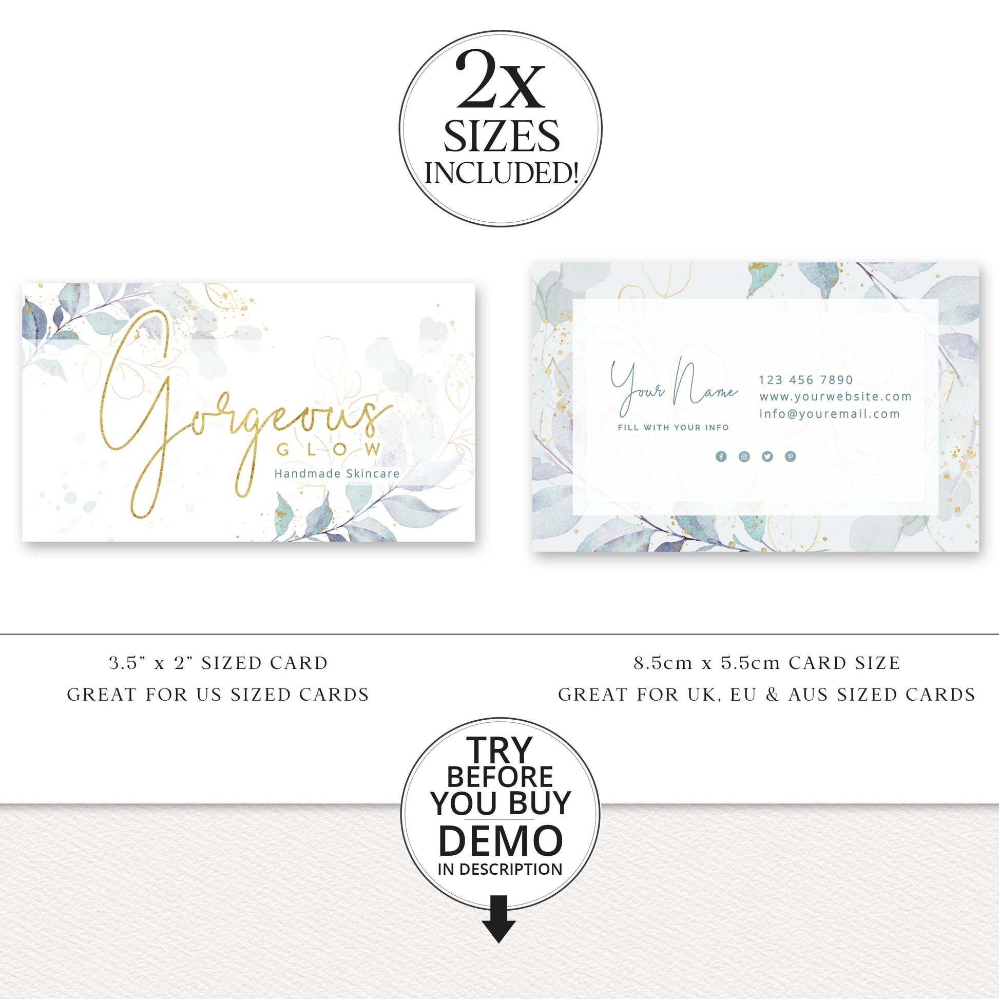 Editable Boho Business Card, DIY Edit Company Card Template, Premade Beauty Business Card, Watercolor Leaves Card Customizable - GG-001