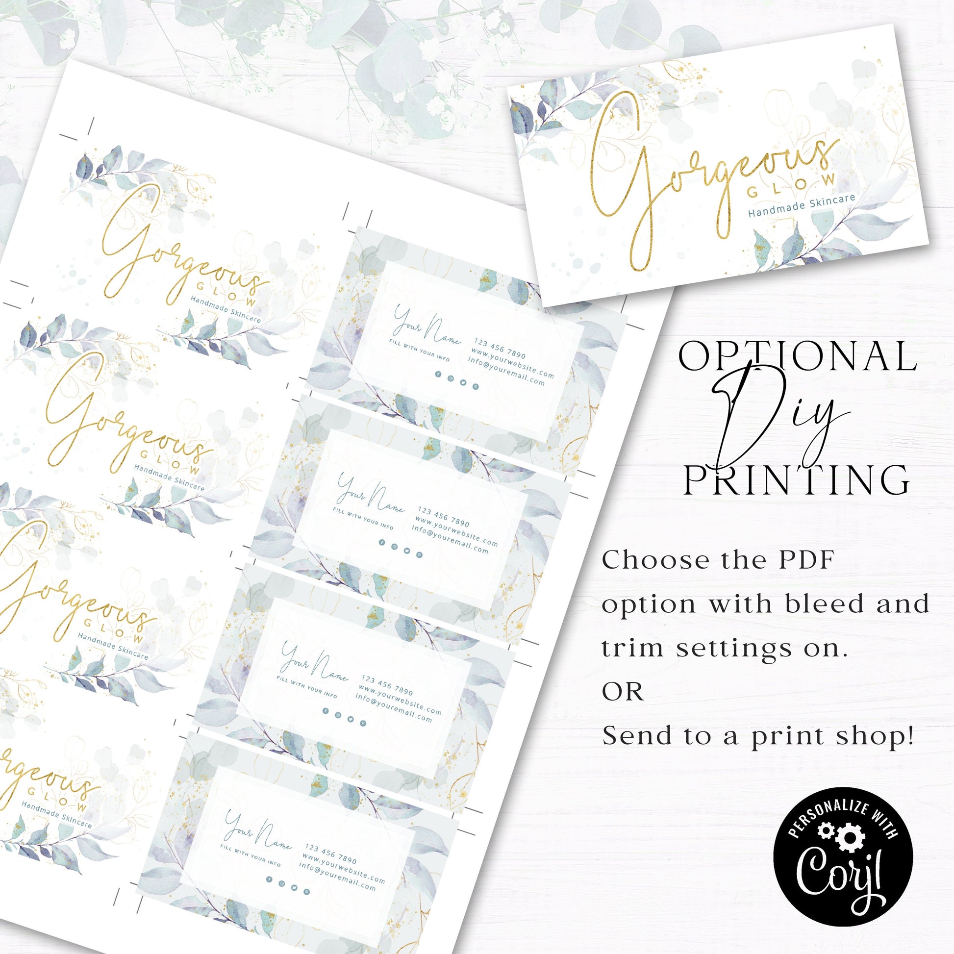 Editable Boho Business Card, DIY Edit Company Card Template, Premade Beauty Business Card, Watercolor Leaves Card Customizable - GG-001