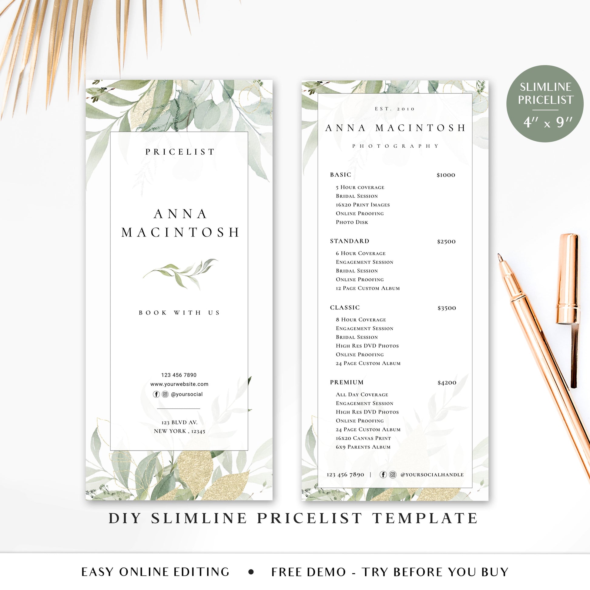 Business Price List Template, Greenery 4"x9" DIY Editable Slimline Price Guide, Customizable Printable Pricing Menu, Photographer AM-003