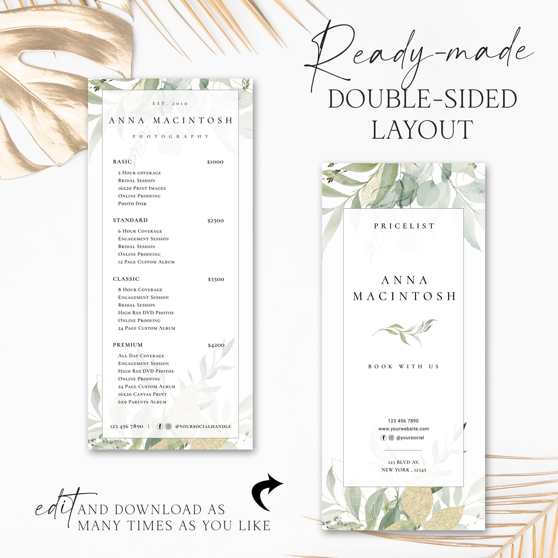 Business Price List Template, Greenery 4"x9" DIY Editable Slimline Price Guide, Customizable Printable Pricing Menu, Photographer AM-003