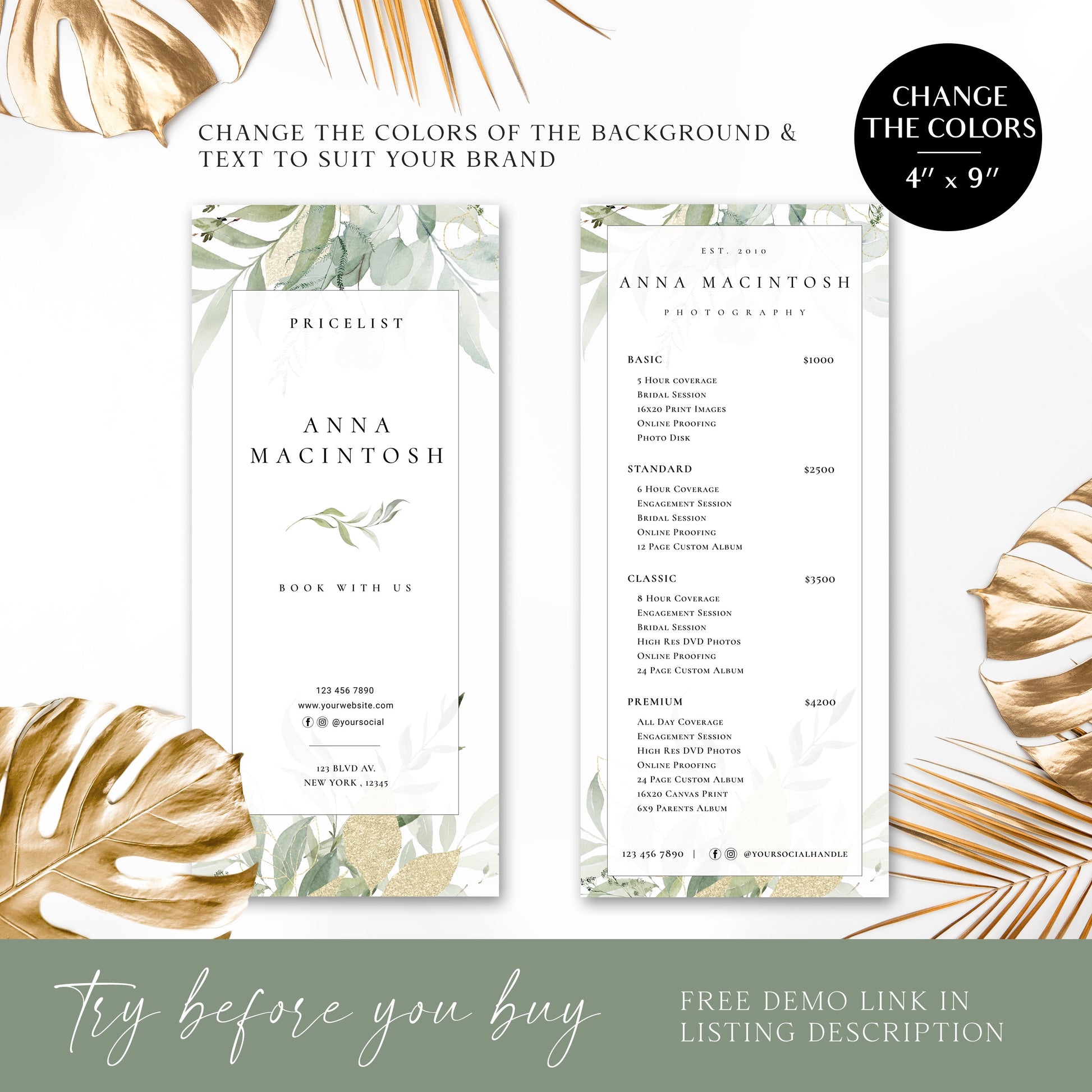 Business Price List Template, Greenery 4"x9" DIY Editable Slimline Price Guide, Customizable Printable Pricing Menu, Photographer AM-003